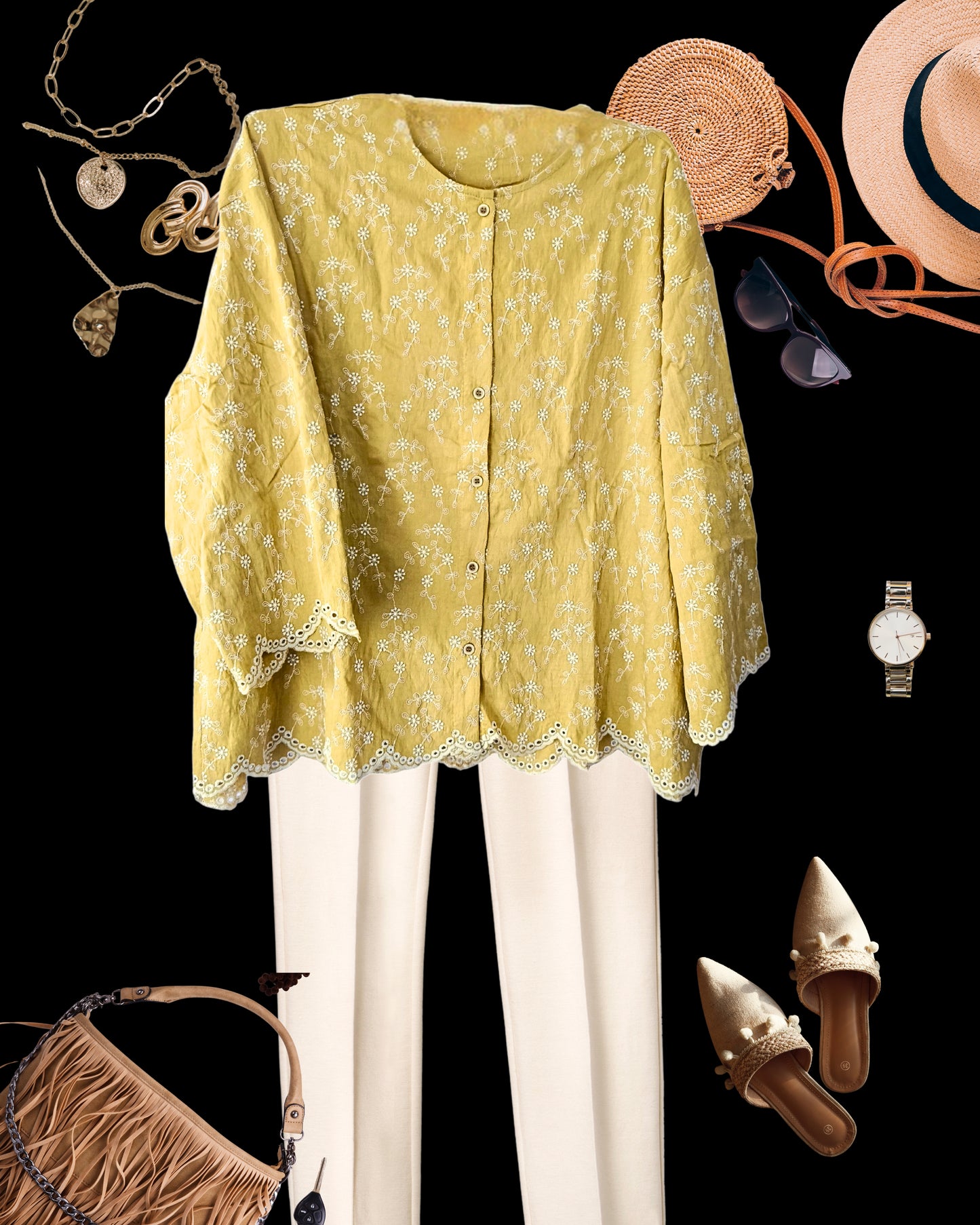 Fully Embroidered Buttoned Cutwork Top