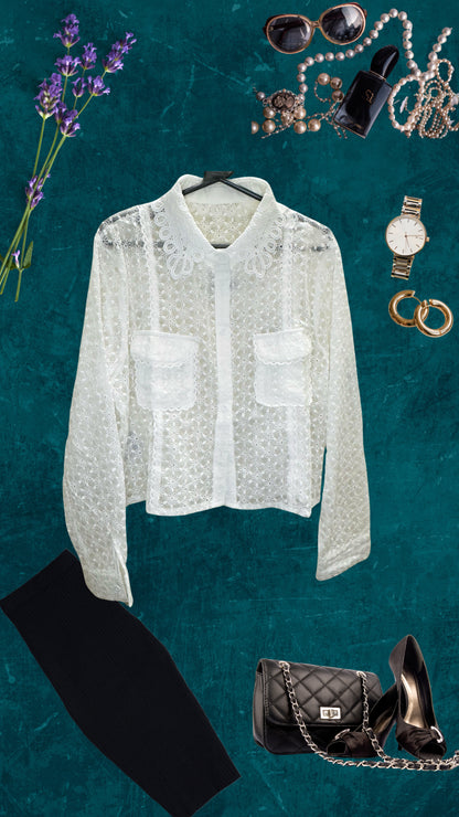 Flower Chikankari Lace Sciffli Embroidered Crop Shirt with Pockets with Inner