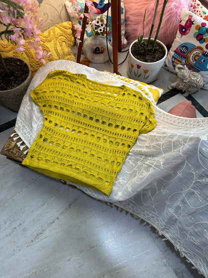 Mustard Crochet Knit Drop Design Half Sleeve Top