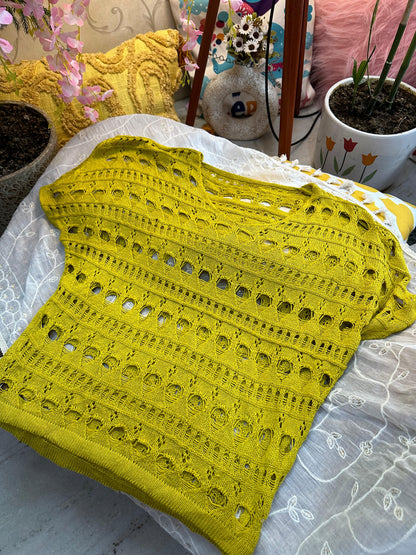 Mustard Crochet Knit Drop Design Half Sleeve Top