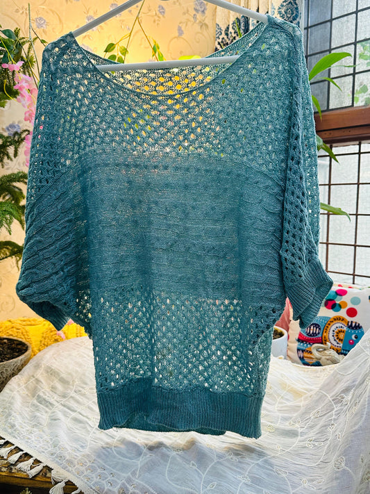 Turqoise Crochet Knit Solid Batwing Top