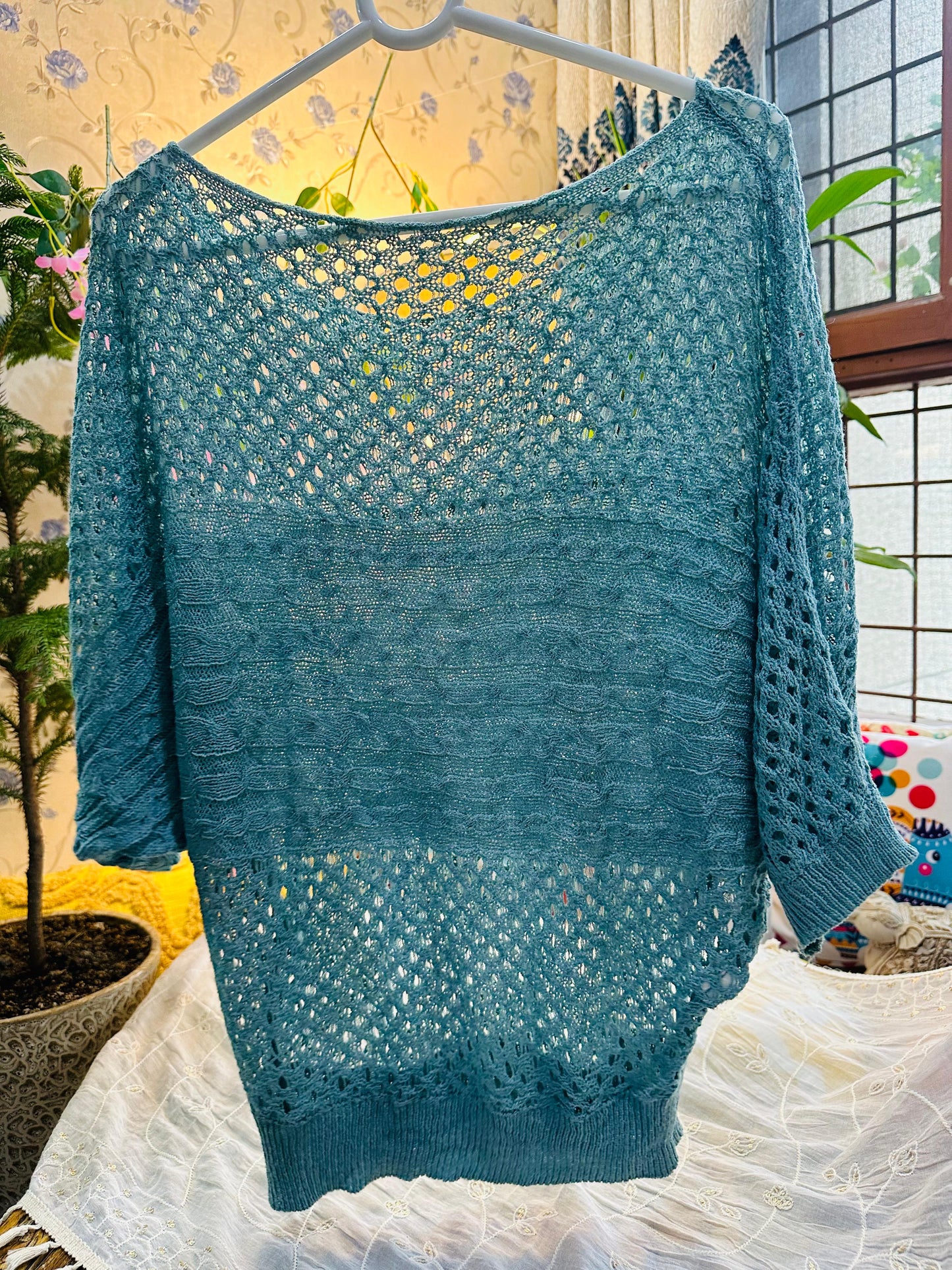 Turqoise Crochet Knit Solid Batwing Top