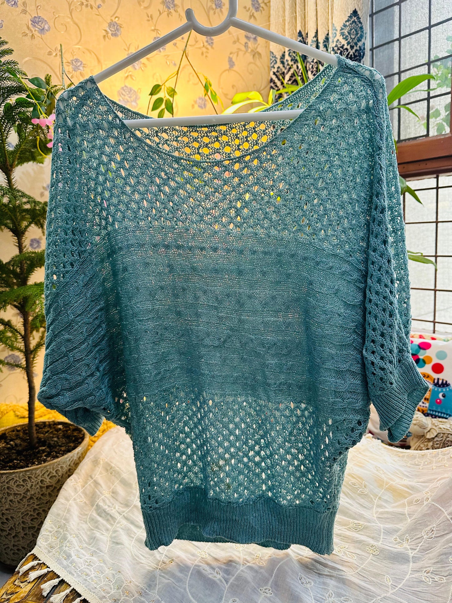 Turqoise Crochet Knit Solid Batwing Top