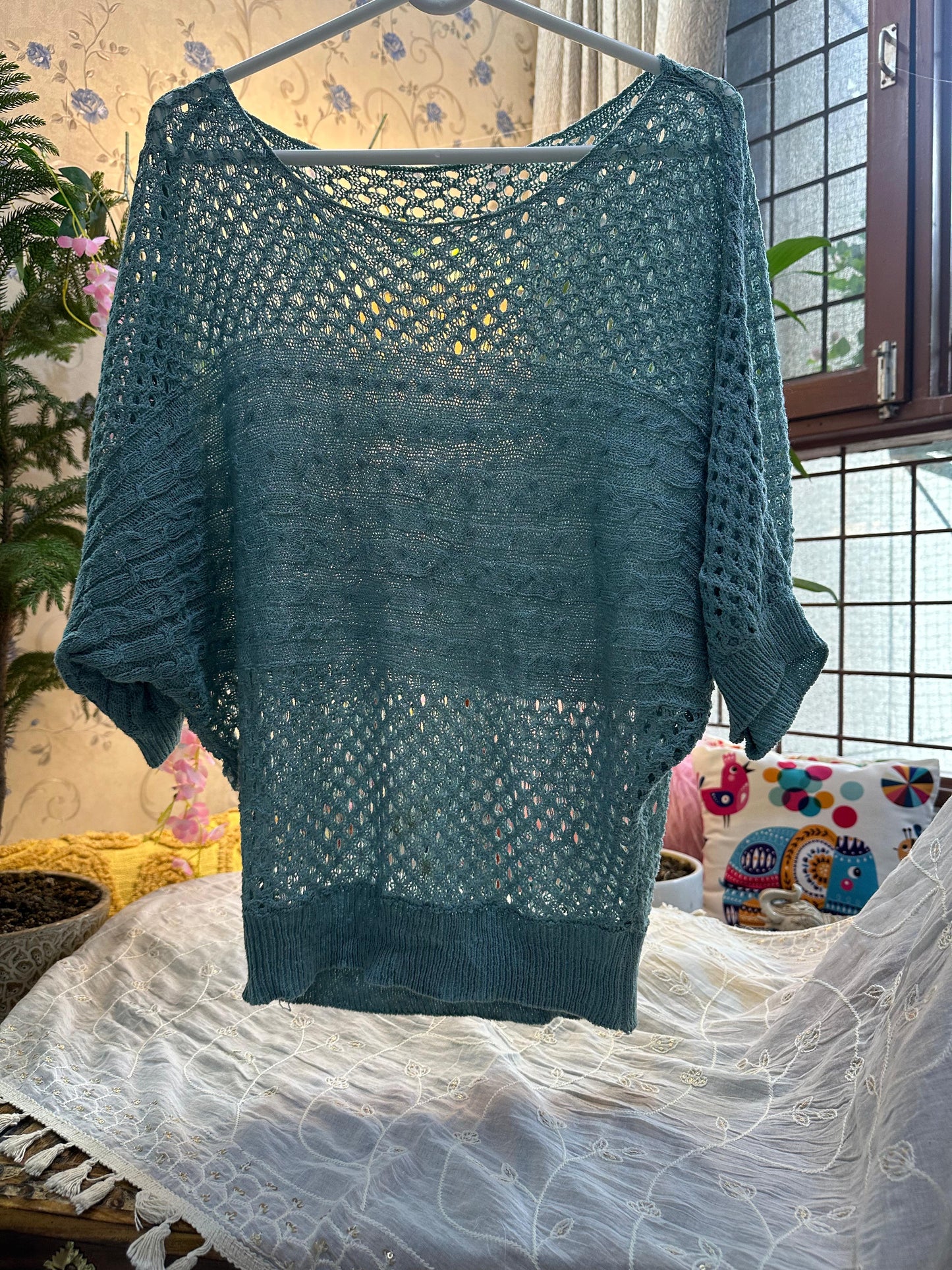 Turqoise Crochet Knit Solid Batwing Top