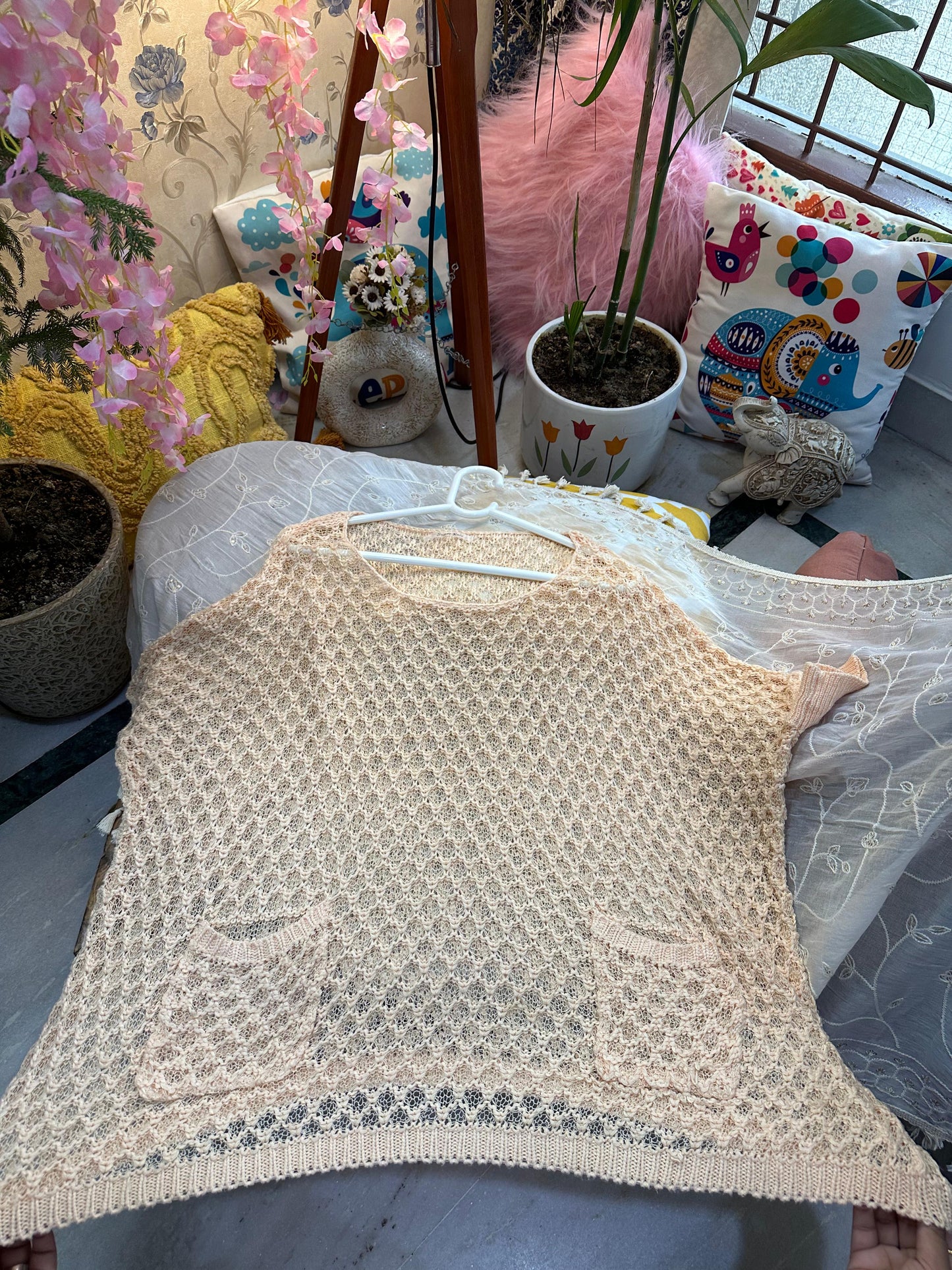 Peach Crochet Knit Crop Top with Pockets