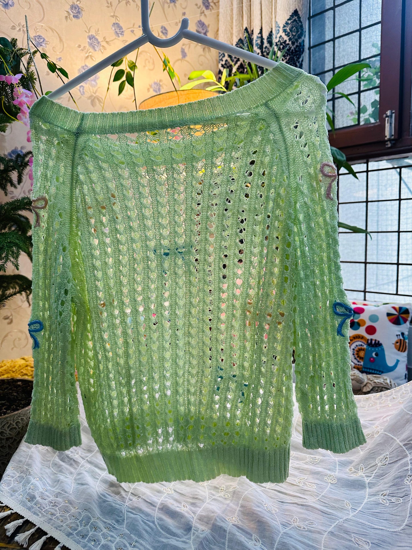 Neon Green Crochet Knit 3/4th Sleeve Bow Top