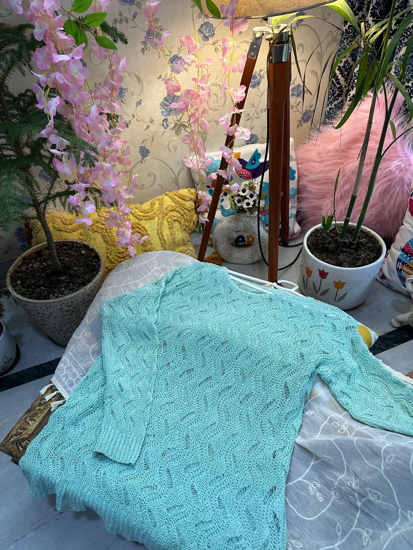 Sea Green Crochet Knit Full Sleeve Top