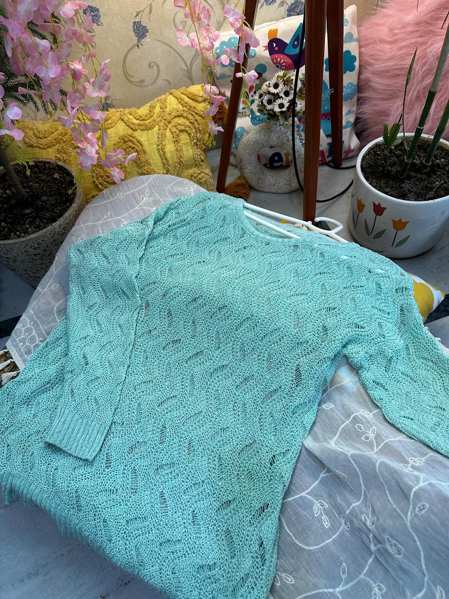 Sea Green Crochet Knit Full Sleeve Top