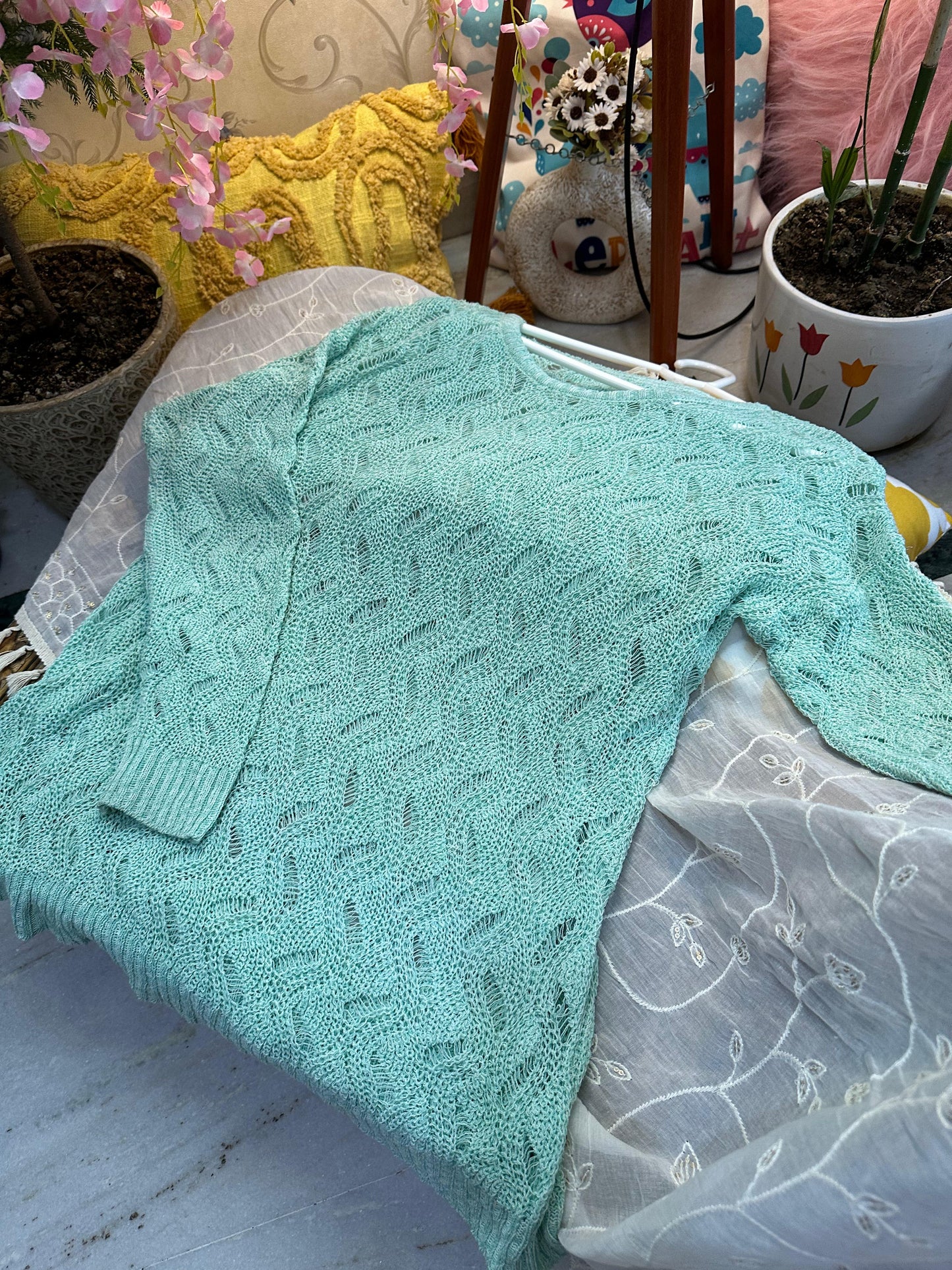 Sea Green Crochet Knit Full Sleeve Top