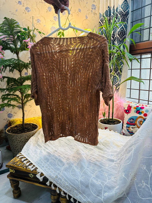 Brown Crochet Knit Half Sleeve Solid Top