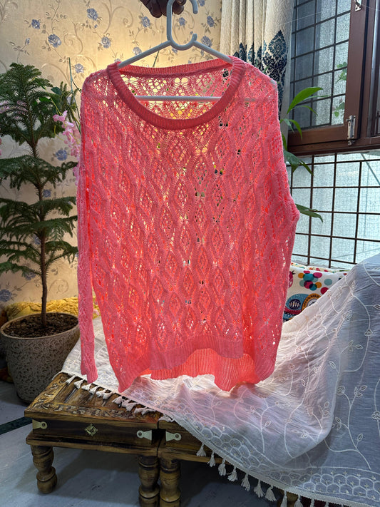 Neon Pink Crochet Knit Full Sleeve Top