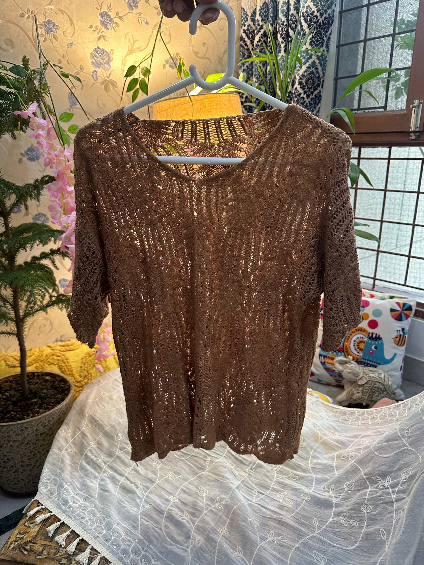 Brown Crochet Knit Half Sleeve Solid Top