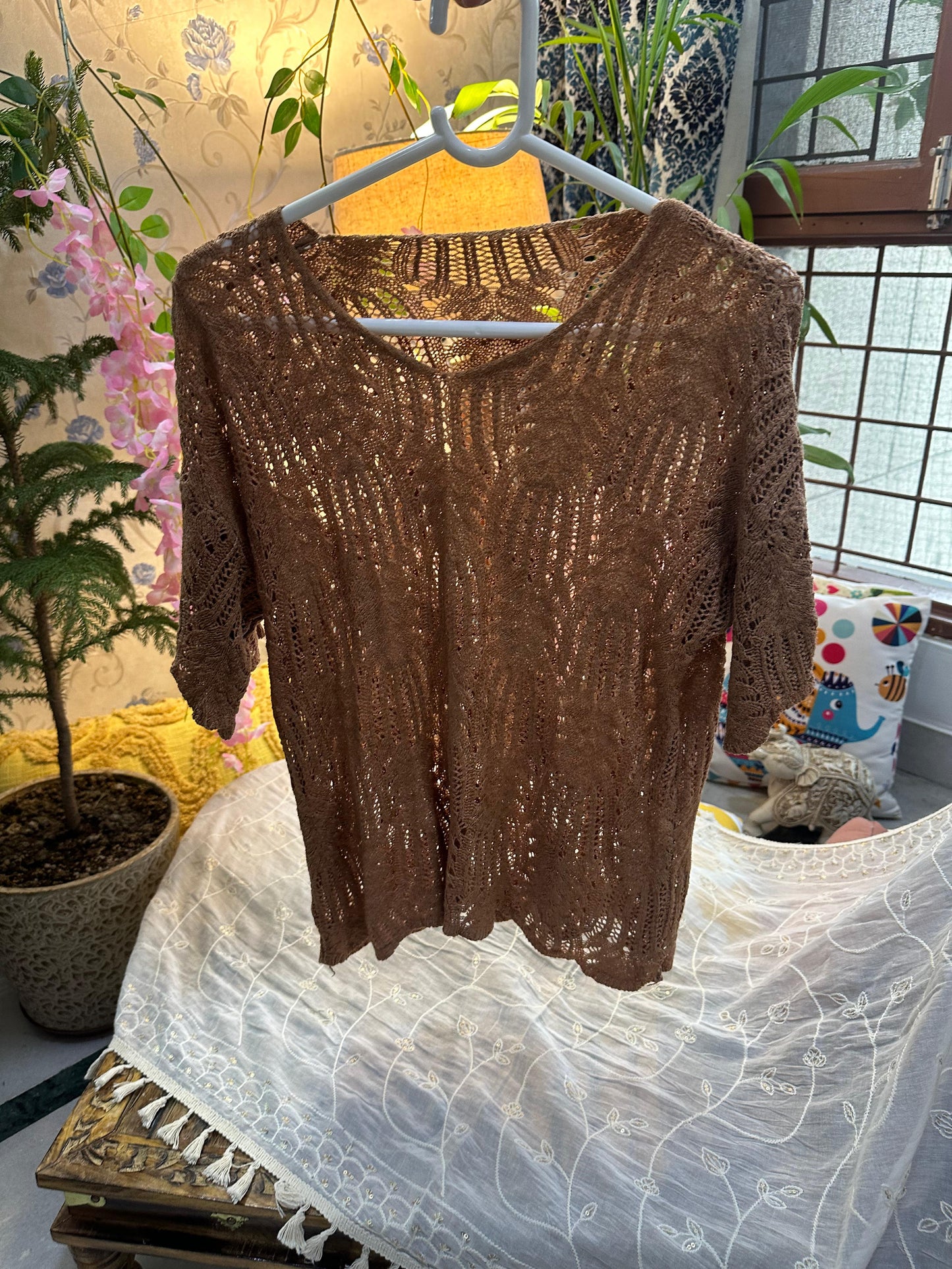 Brown Crochet Knit Half Sleeve Solid Top