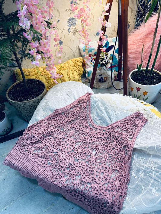 Pink Crochet Knit Flower Mesh Sleeveless Top