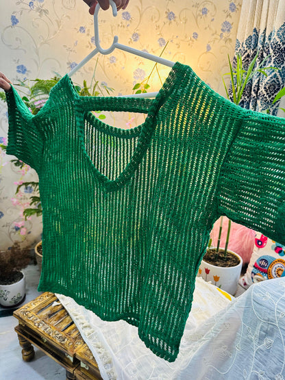 Green Crochet Knit Long Stripe Designer Back Top