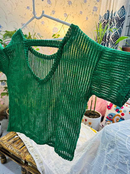 Green Crochet Knit Long Stripe Designer Back Top