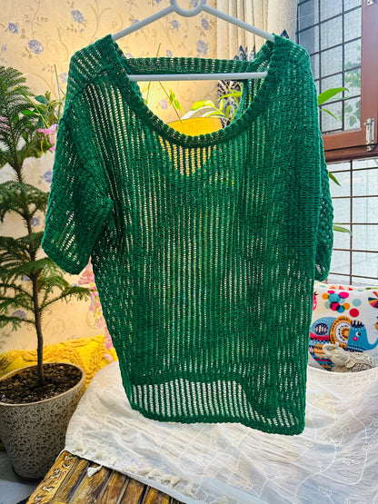 Green Crochet Knit Long Stripe Designer Back Top