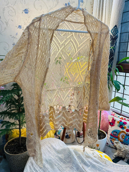 Beige Crochet Knit Glitter Full Sleeve Shrug