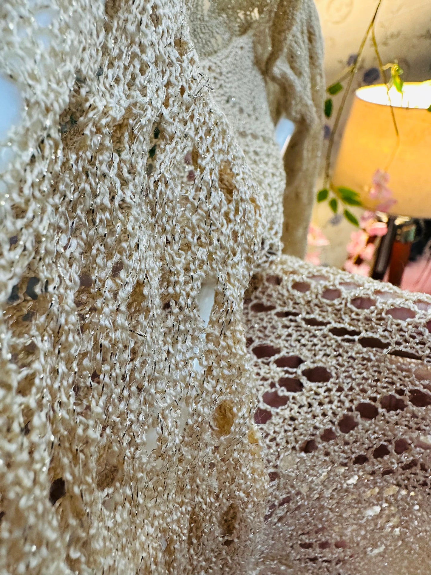 Beige Crochet Knit Glitter Full Sleeve Shrug