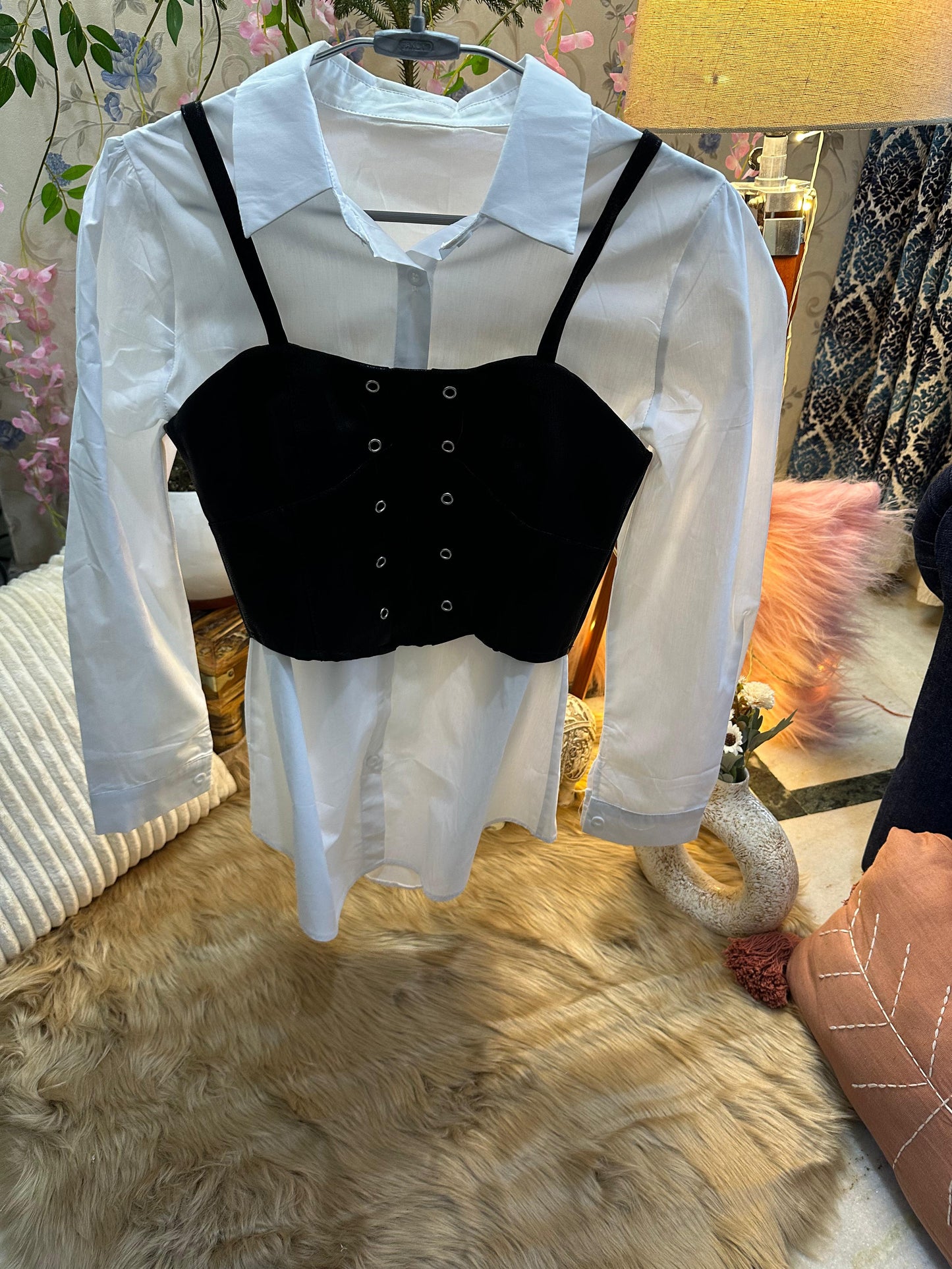 Detachable Leather Corset Designer White Shirt