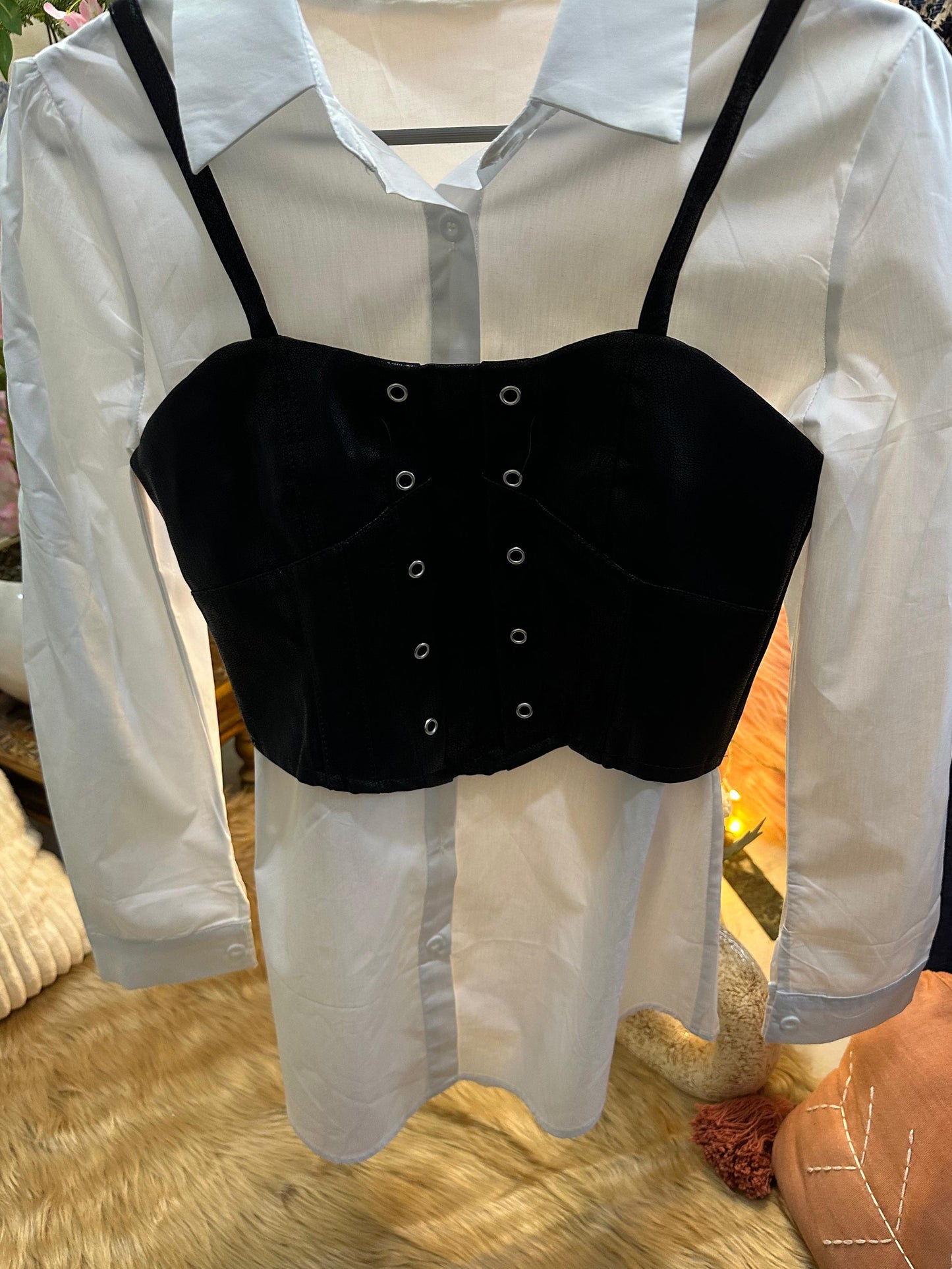 Detachable Leather Corset Designer White Shirt