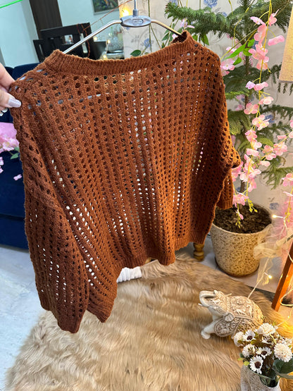 Crochet All Day Brown Round Design Elbow Sleeve Top