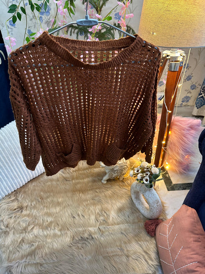 Crochet All Day Brown Round Design Elbow Sleeve Top