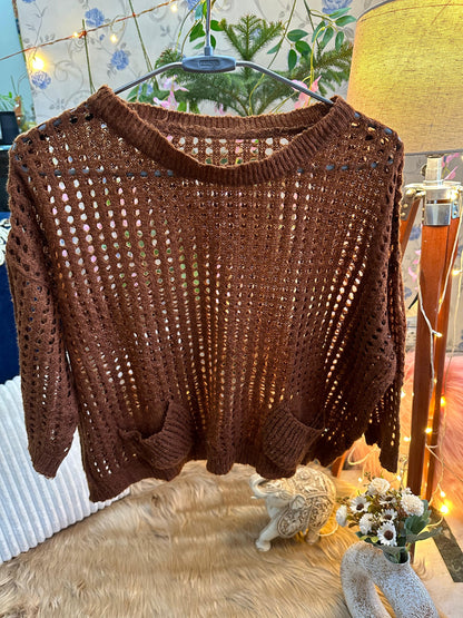 Crochet All Day Brown Round Design Elbow Sleeve Top