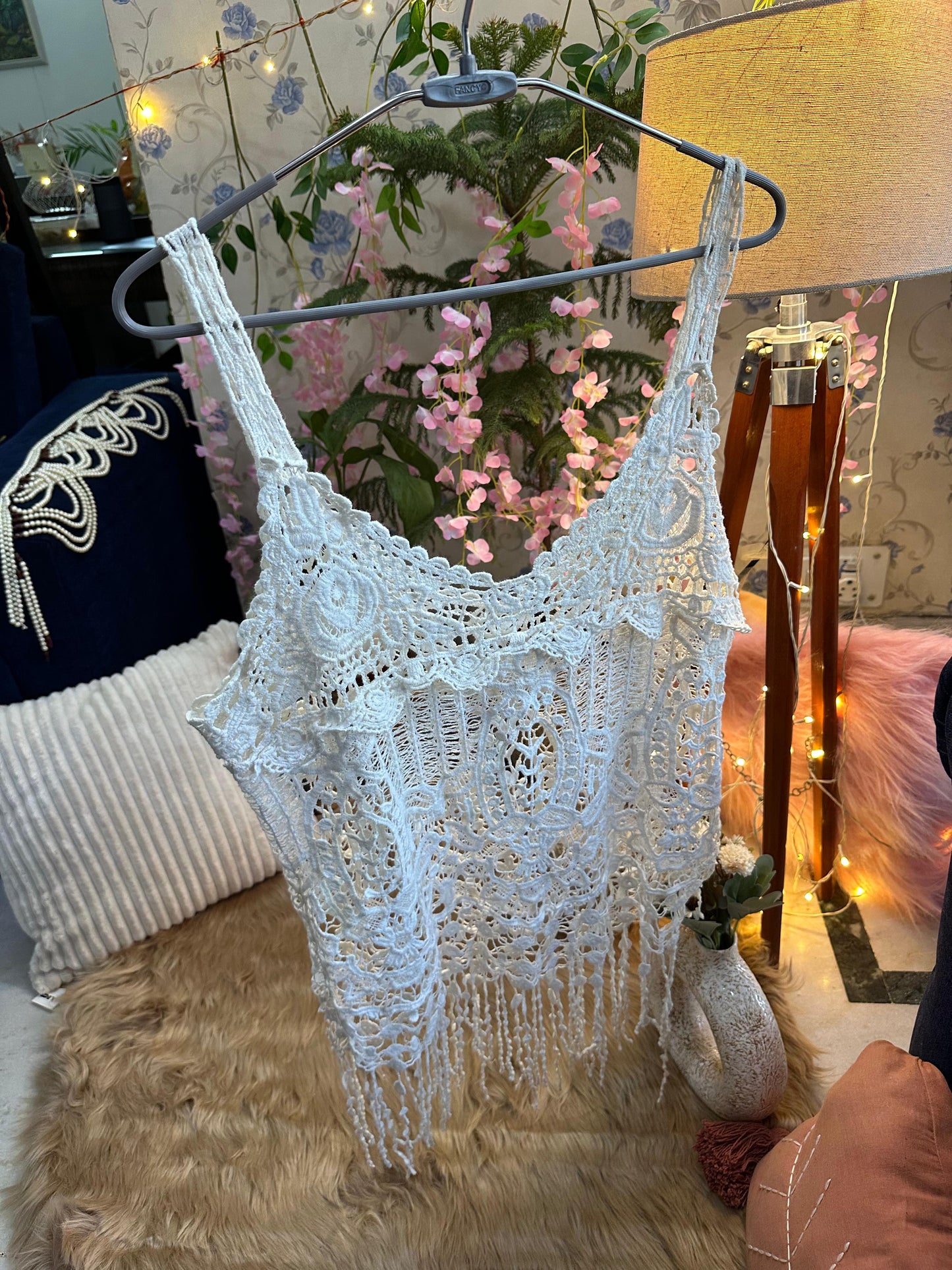 Crochet All Day Off White Ruffled Tunic Top