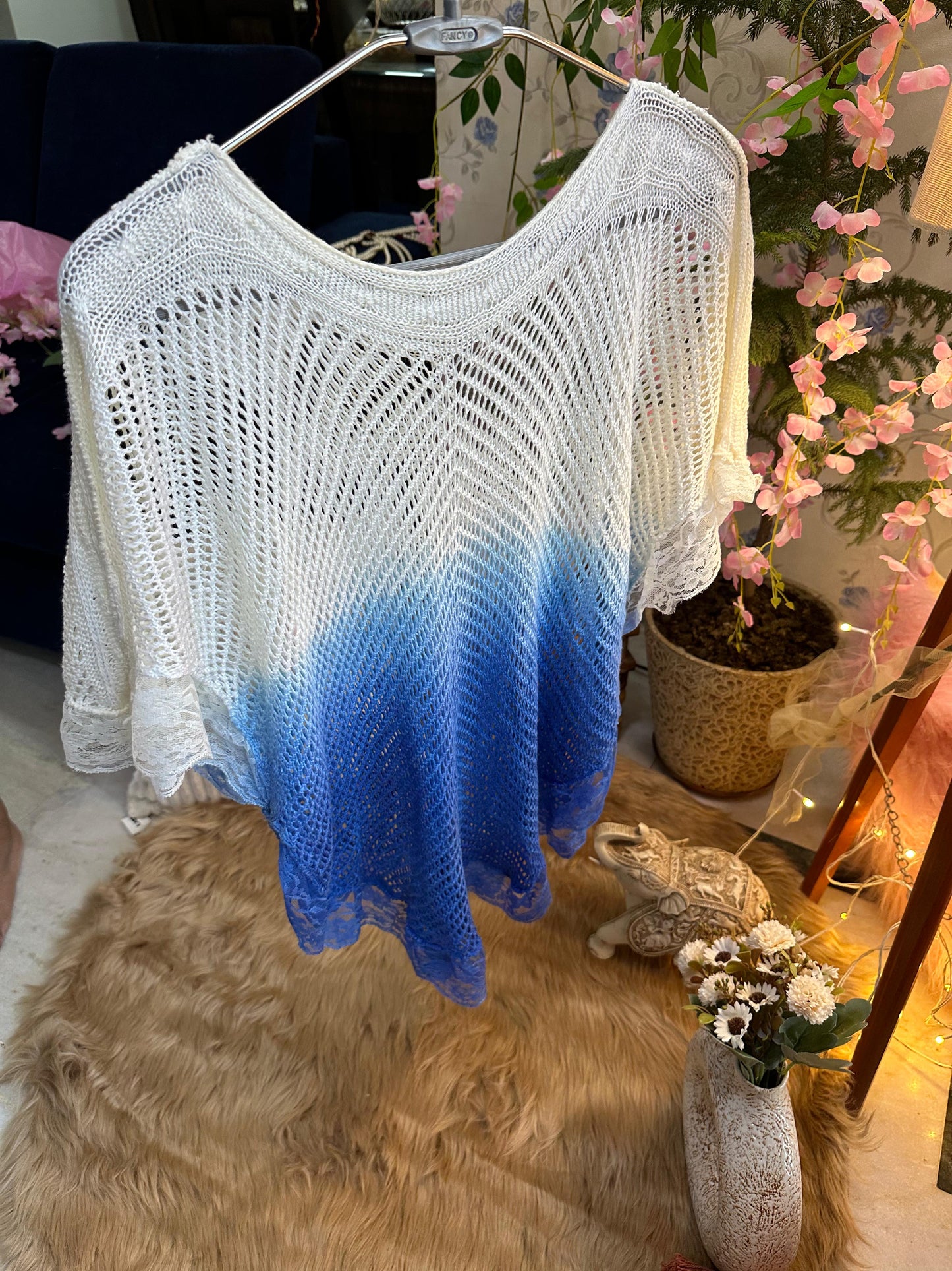 Crochet All Day Gradient Blue Butterfly Frill Poncho Top