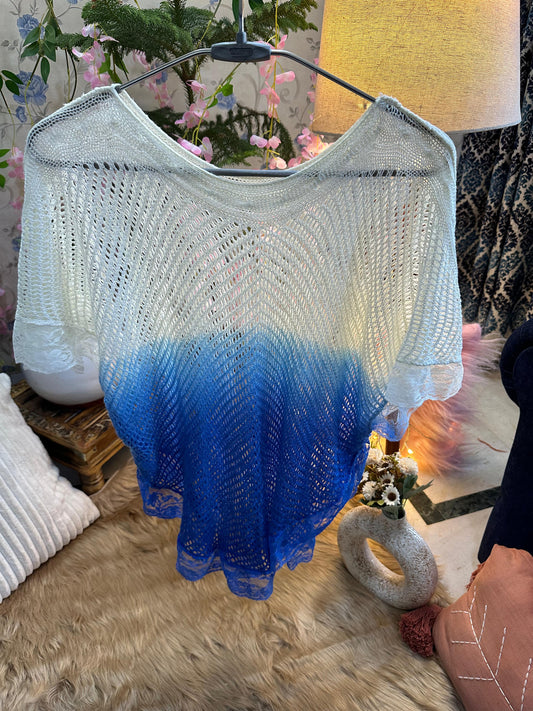 Crochet All Day Gradient Blue Butterfly Frill Poncho Top