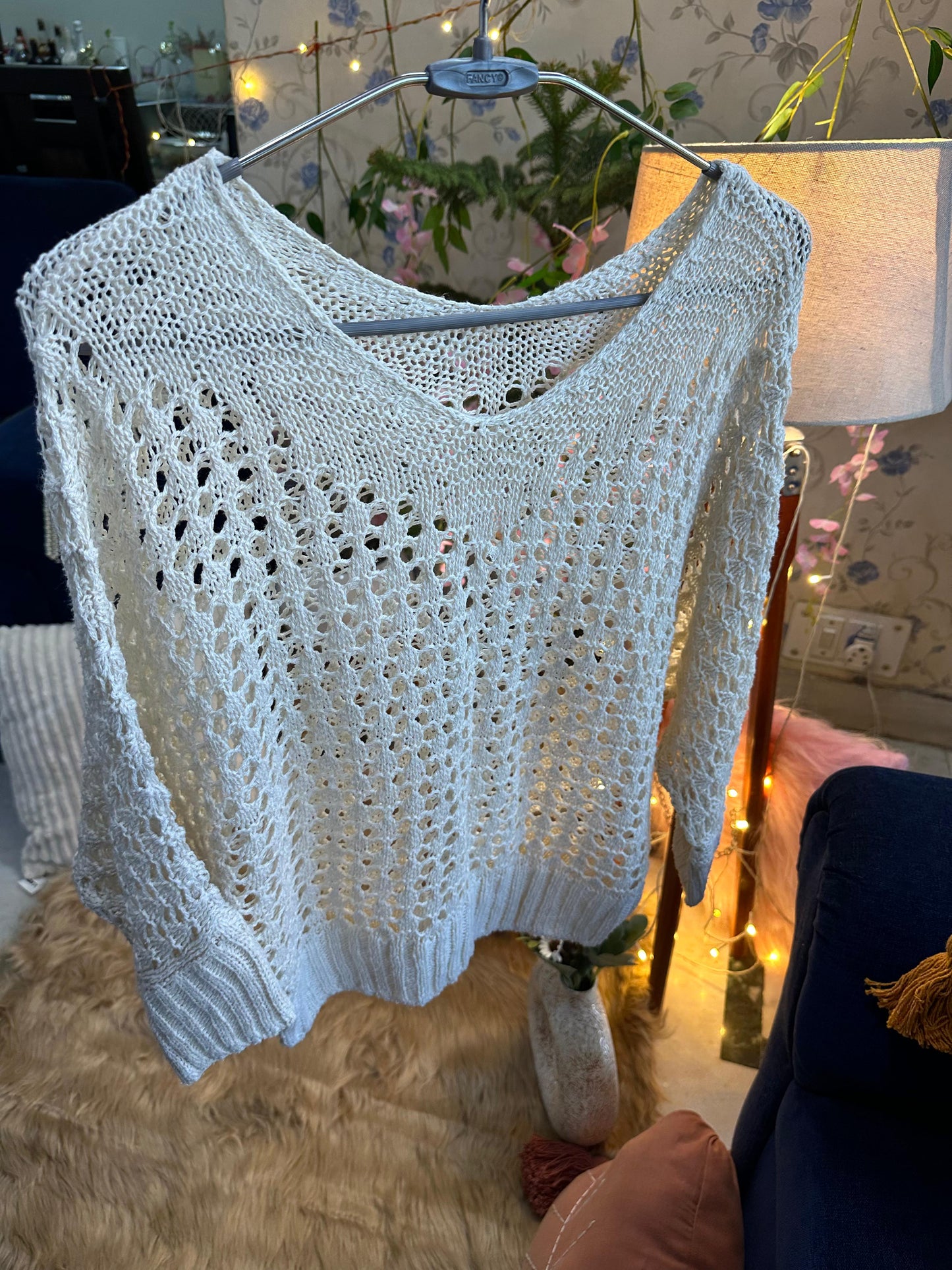 Crochet All Day Cream Full Sleeve Round Design Top