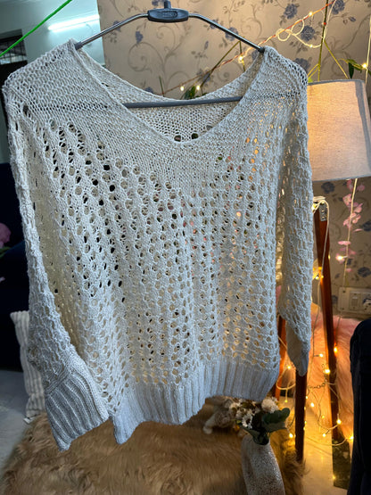 Crochet All Day Cream Full Sleeve Round Design Top