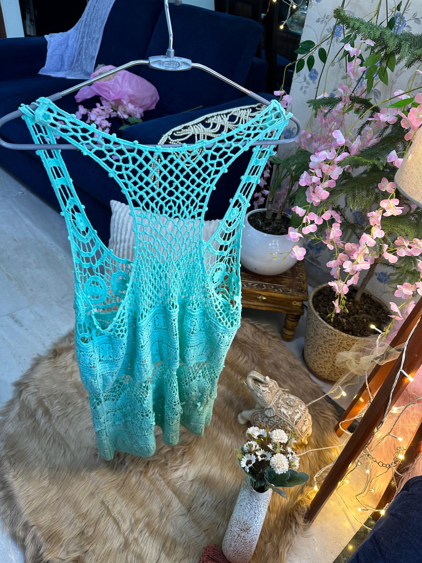 Crochet All Day Sea Green Sleeveless Tunic Top