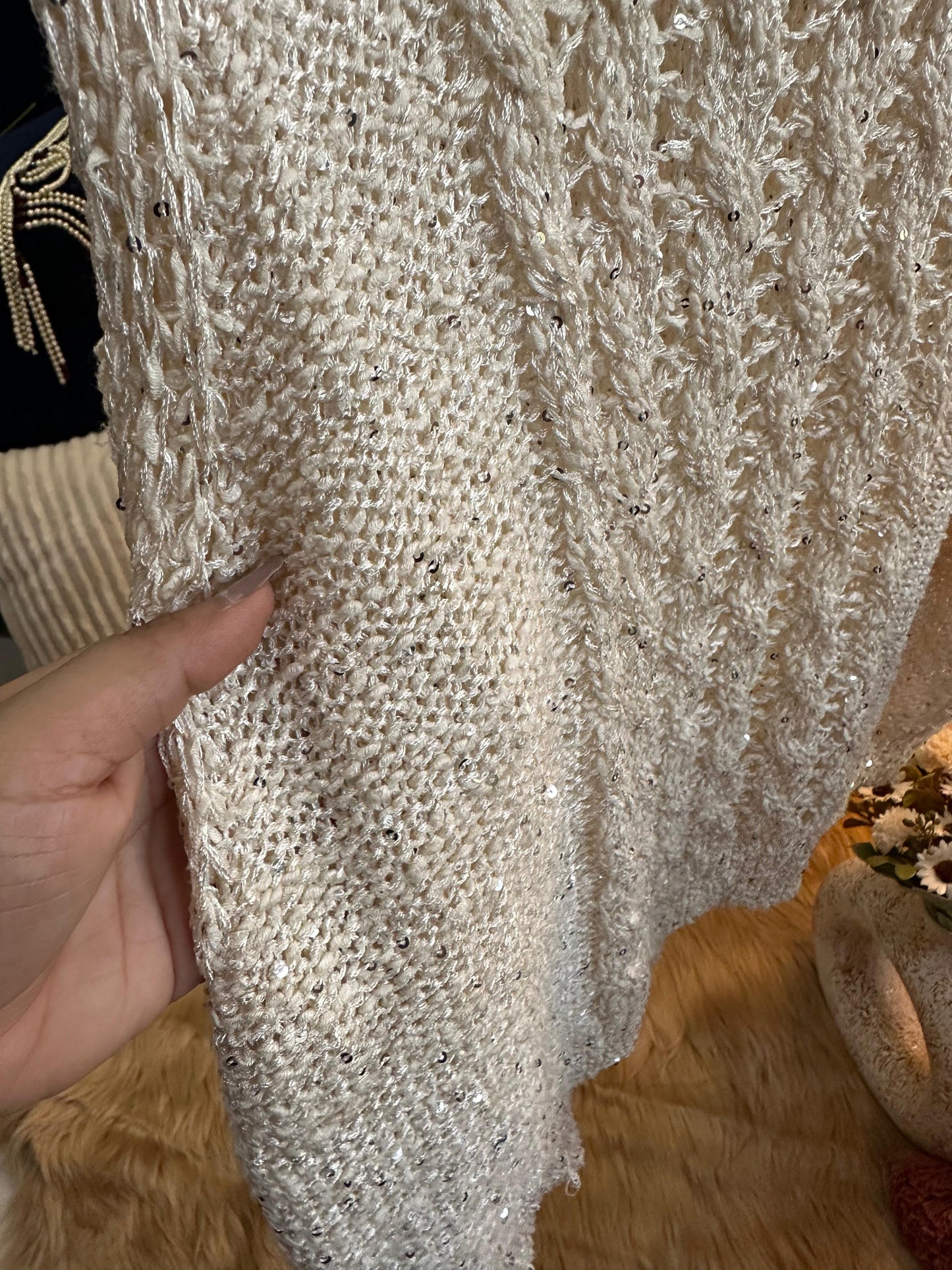 Crochet All Day Off White Sleeveless Glitter Pre Winter Top