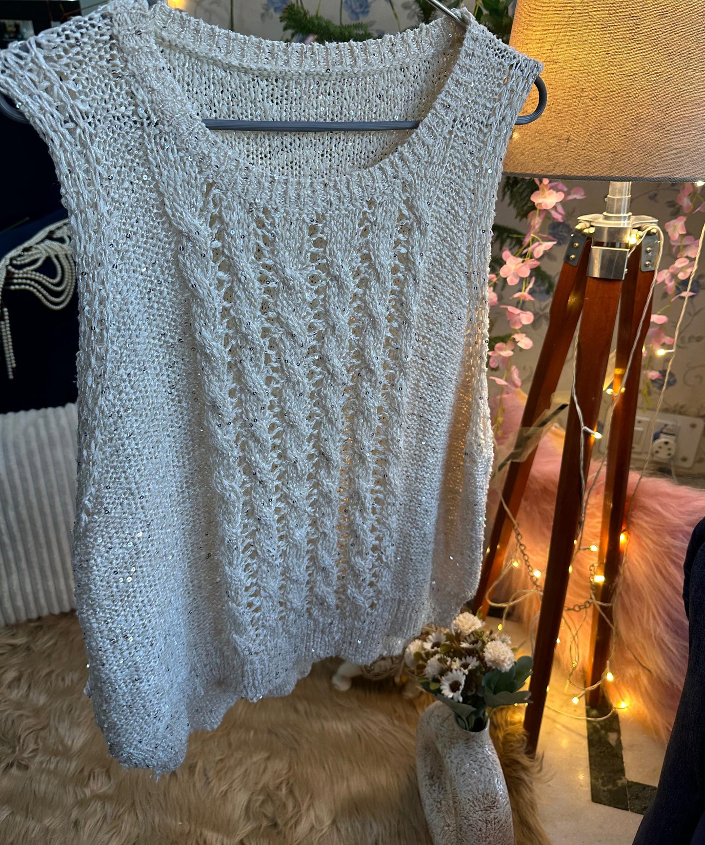 Crochet All Day Off White Sleeveless Glitter Pre Winter Top