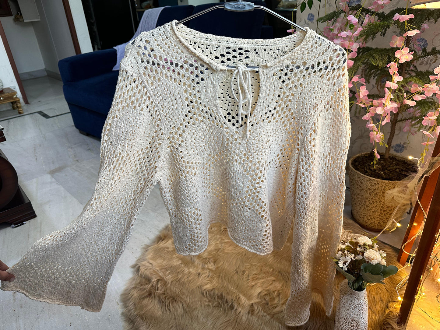 Crochet All Day Cream Designer Bell Sleeve Pre Winter Top