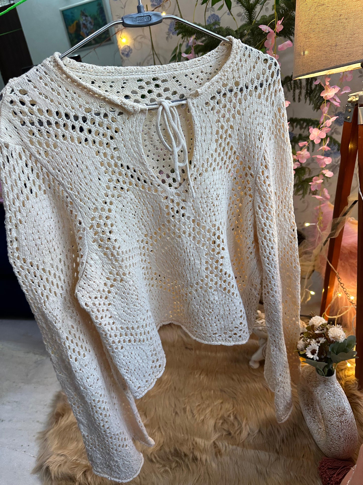 Crochet All Day Cream Designer Bell Sleeve Pre Winter Top