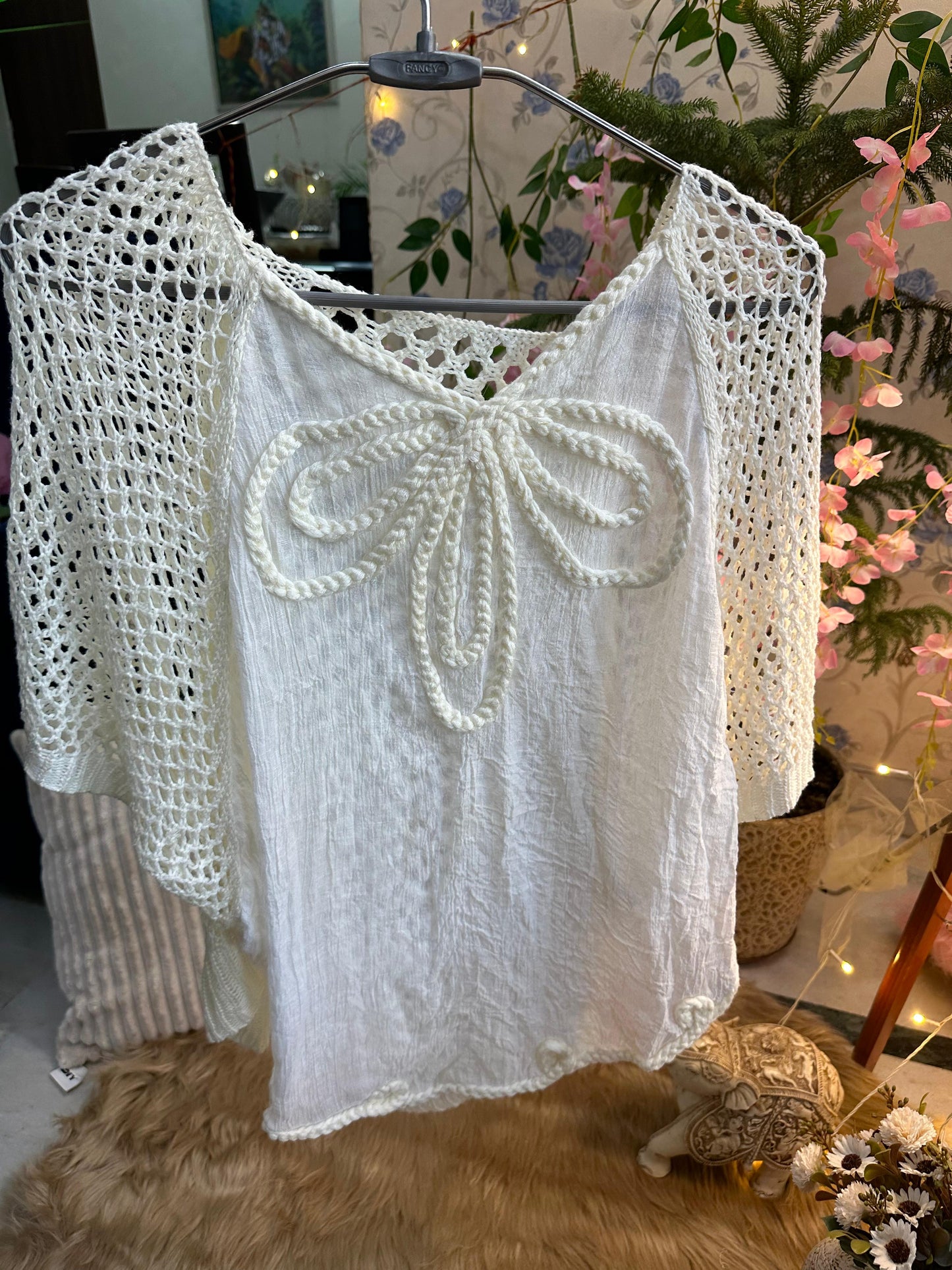 Curvy Crochets White Poncho Designer Back Top