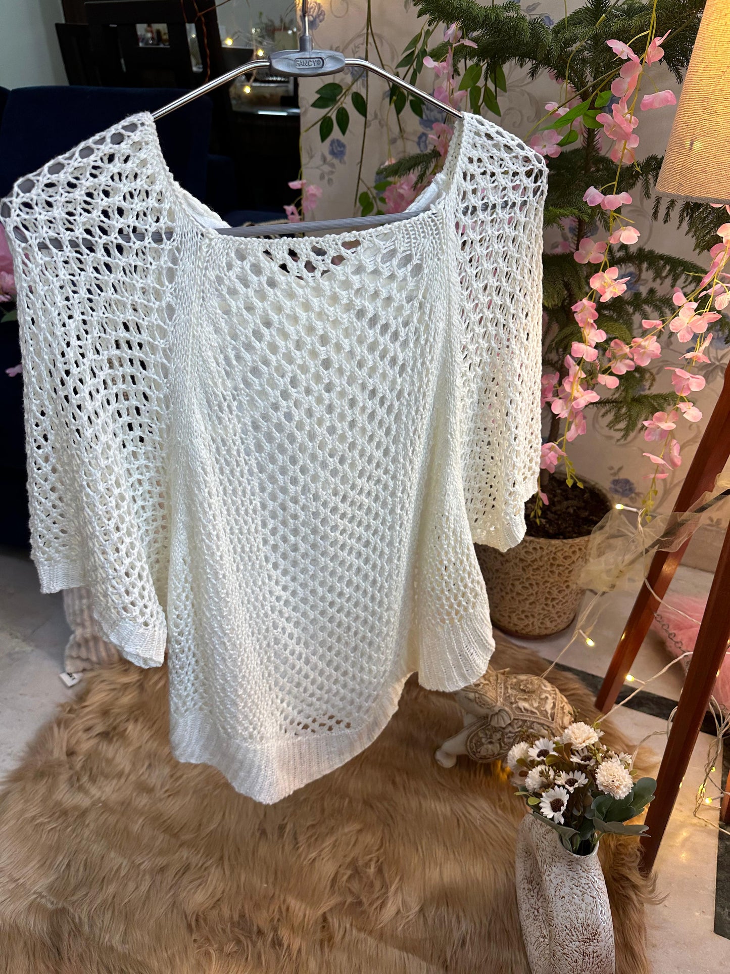 Curvy Crochets White Poncho Designer Back Top