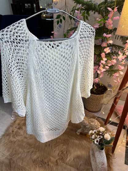 Curvy Crochets White Poncho Designer Back Top