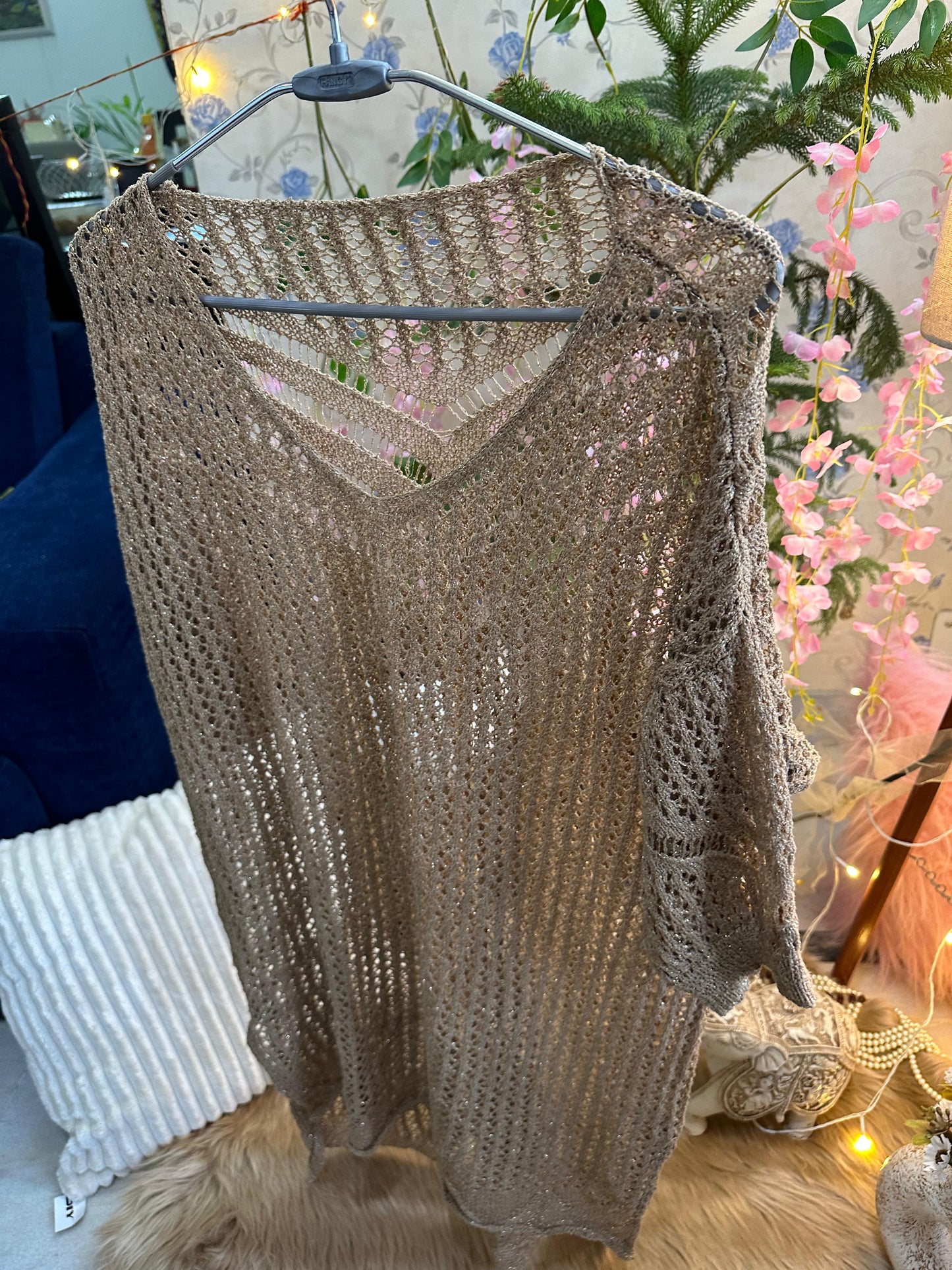 Brown Knee Length Glitter Crochet Dress