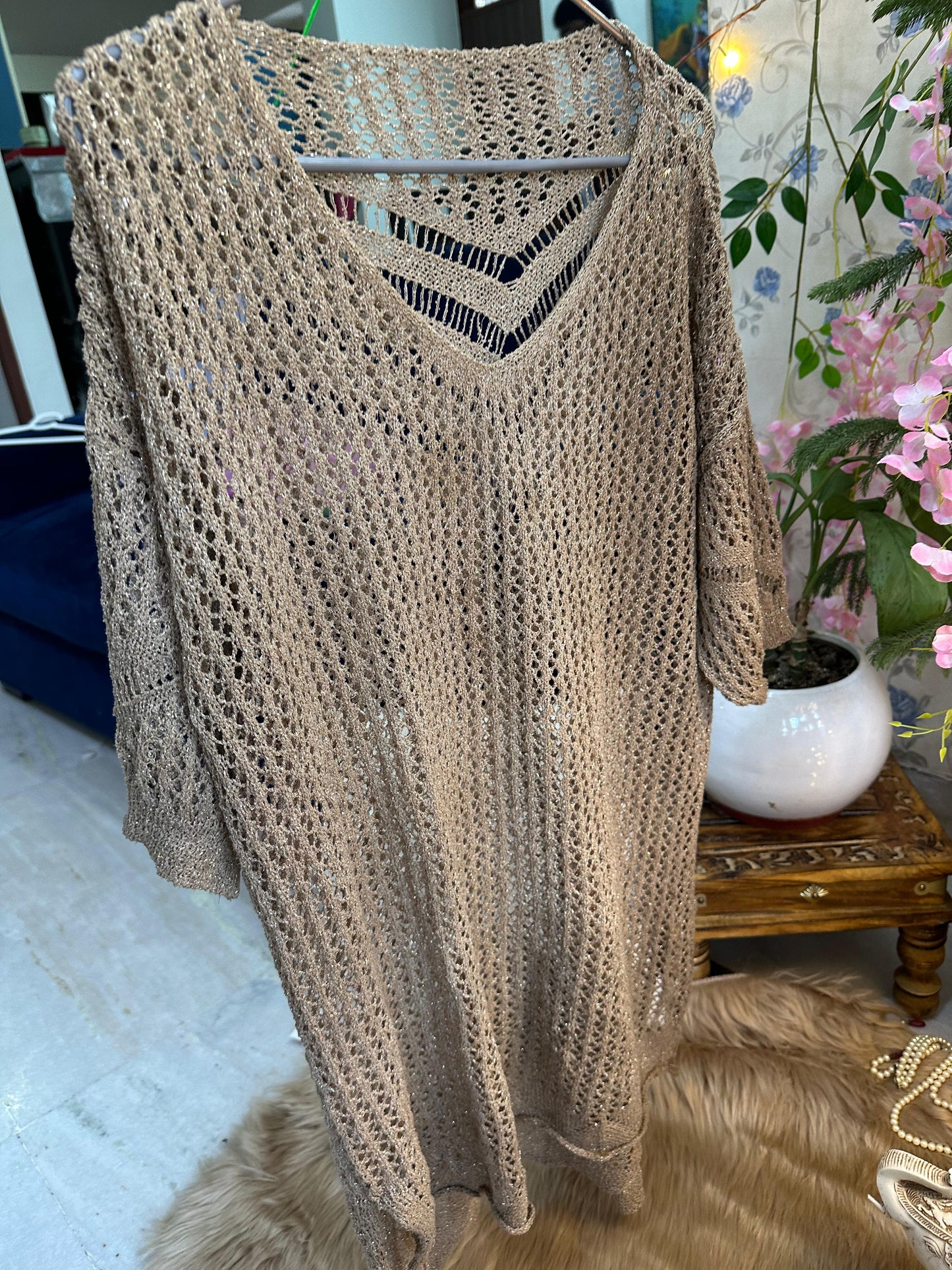 Brown Knee Length Glitter Crochet Dress