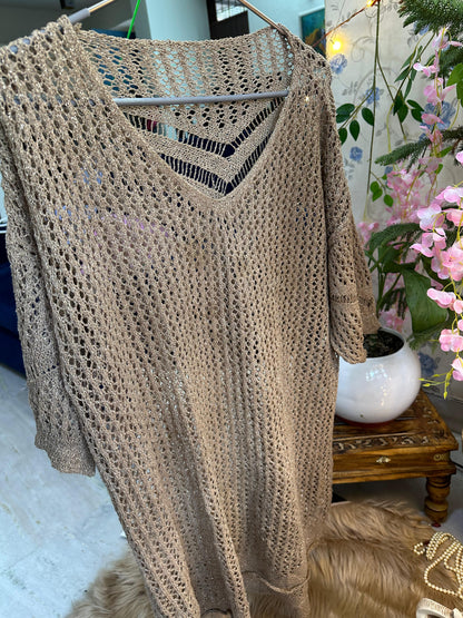 Brown Knee Length Glitter Crochet Dress