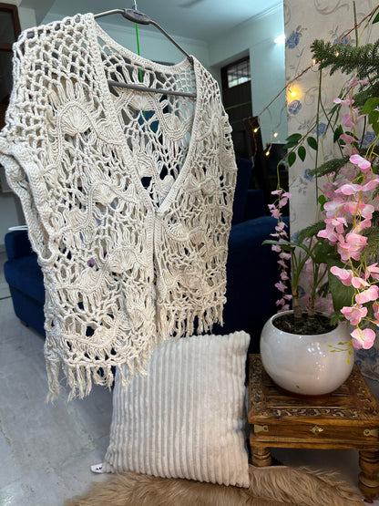 Off White Sleeveless Bohemian Ruffled Crochet Jacket