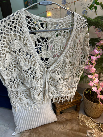 Off White Sleeveless Bohemian Ruffled Crochet Jacket