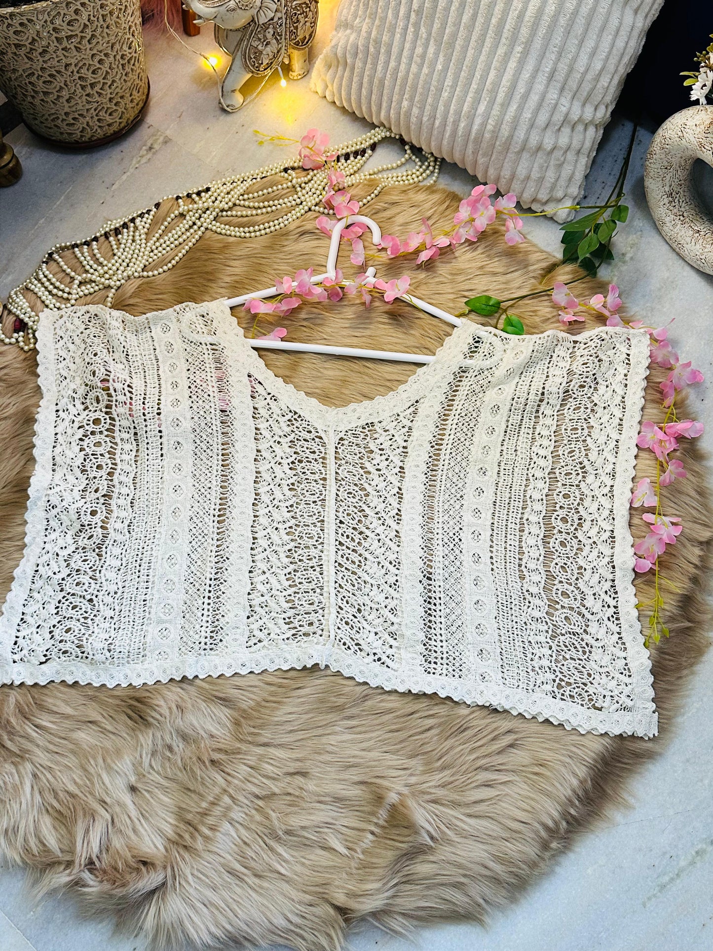 Curvy Crochets Cream Sleeveless Baggy Crop Top