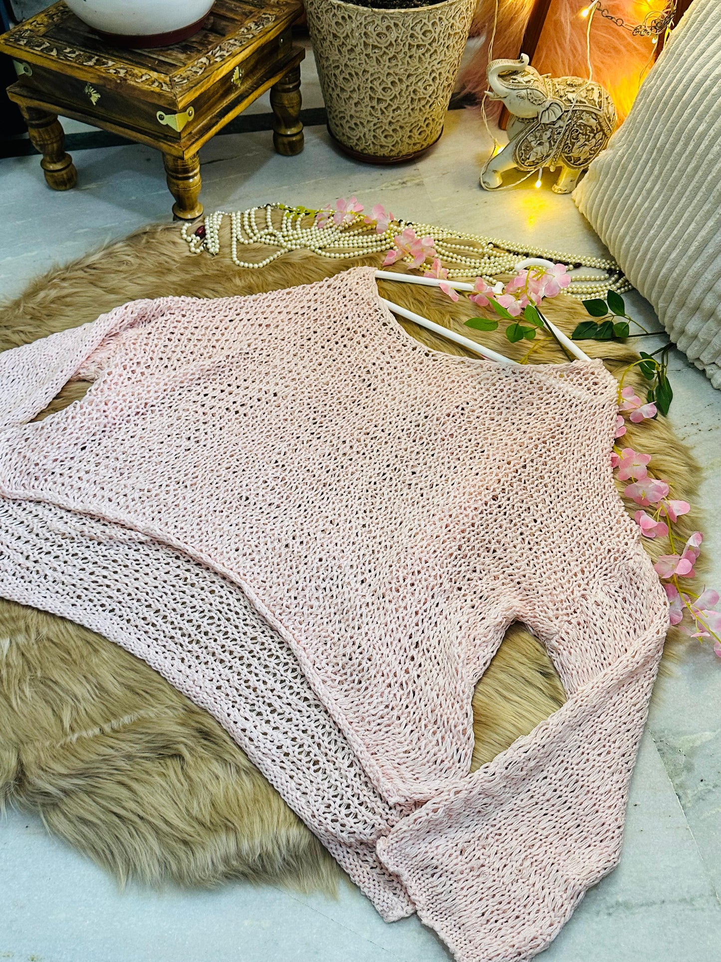 Curvy Crochets Pink Full Sleeve Crop Top