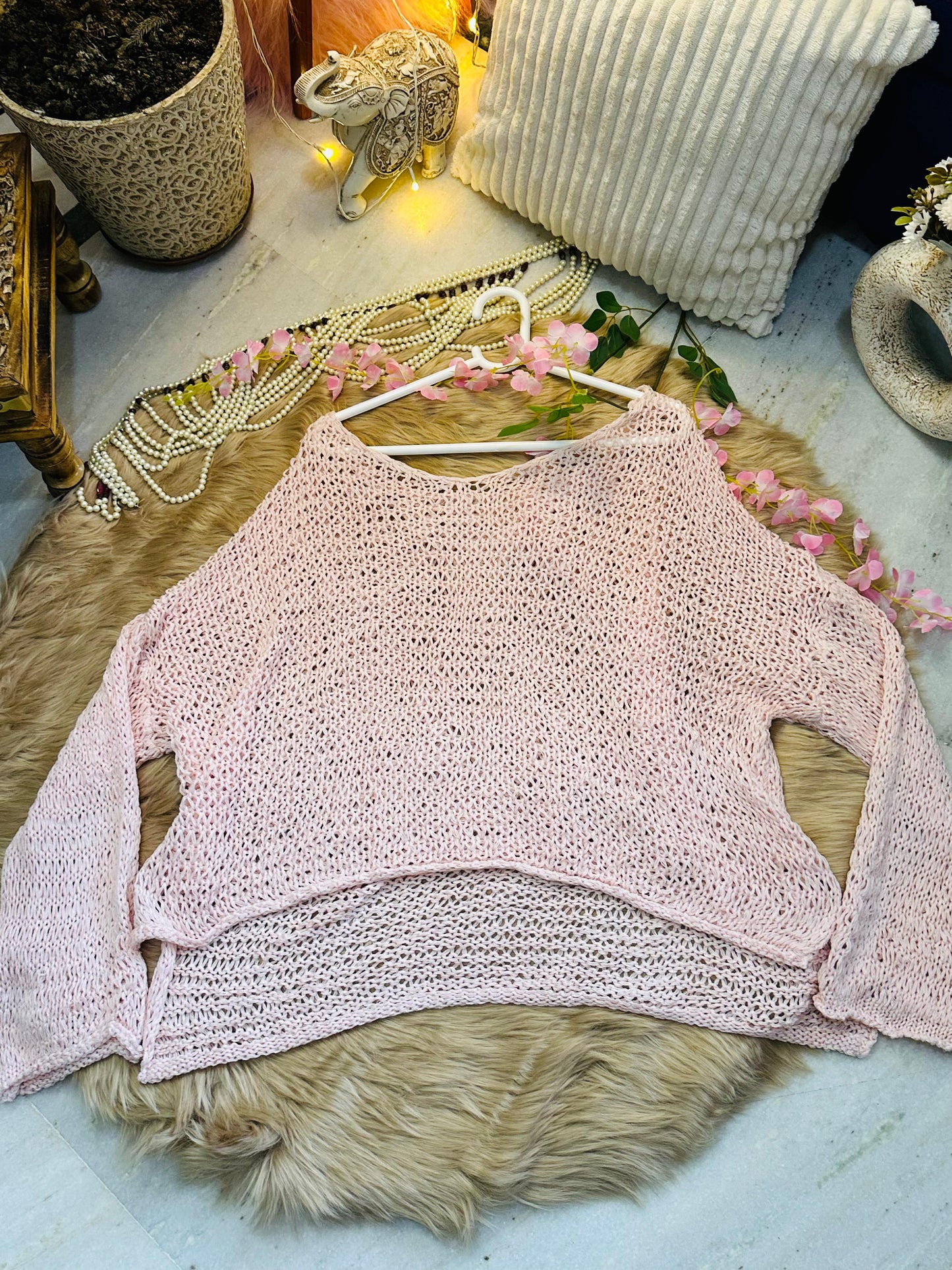 Curvy Crochets Pink Full Sleeve Crop Top