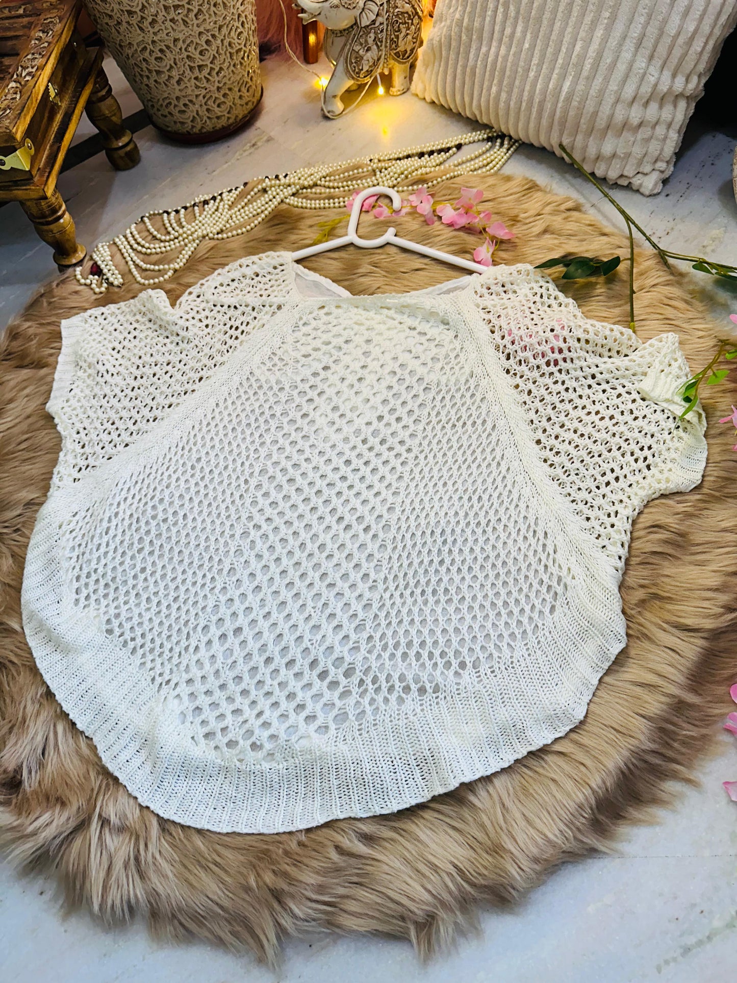 Curvy Crochets White Poncho Designer Back Top